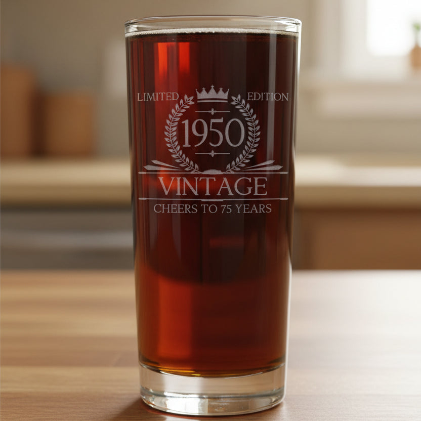 Vintage Limited Edition 15oz Etched Cooler Glass – Birthday Milestone Beer Glass Gift