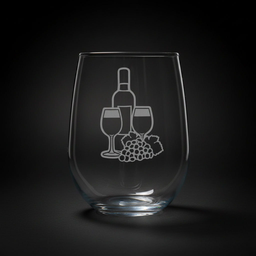 A clear stemless wine glass with a white etched graphic of a wine bottle, two wine glasses, and a grape cluster, shown  against a black background.
