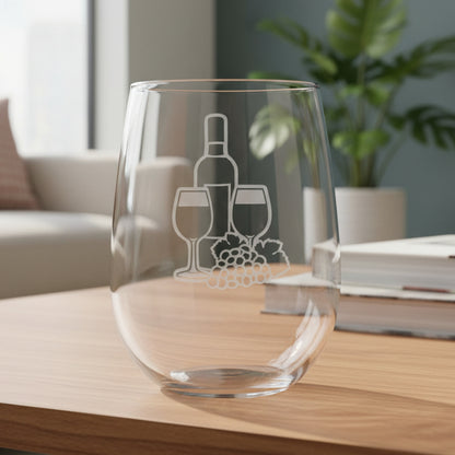 Wine Bottle & Grapes 17oz Stemless Wine Glass - Deep Sand Etched Vineyard Design - Wine Lover Glass