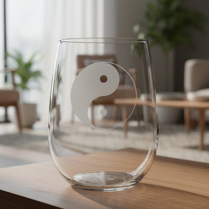 A clear stemless wine glass with a gray and black yin-yang symbol printed on the front, resting on a wooden surface 