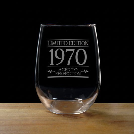 Limited Edition Aged to Perfection 17oz Stemless Wine Glass – Personalized Established Birthday Deep Engraved Glass Gift