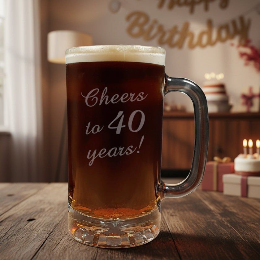 Beer mug with 'Cheers to 40 years!' text