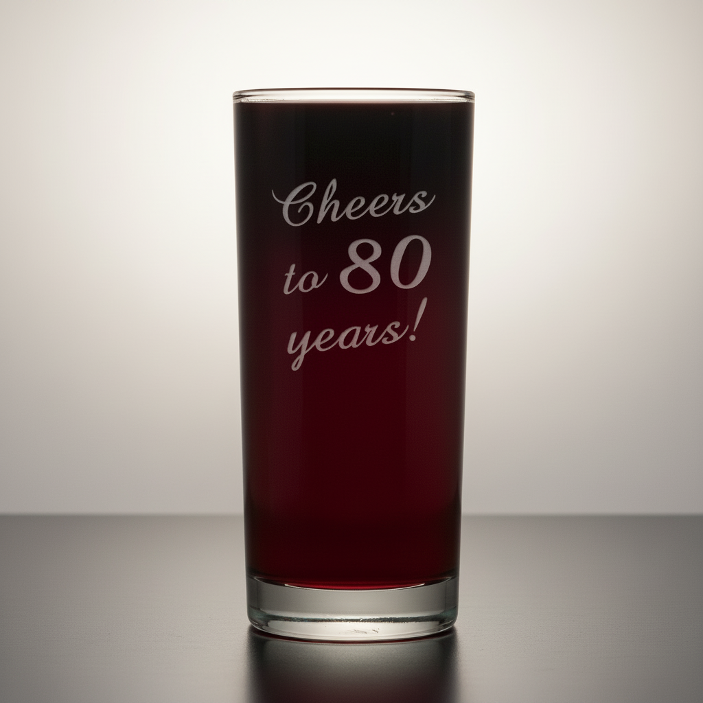 Glass with red liquid and 'Cheers to 80 years!' text on a white background