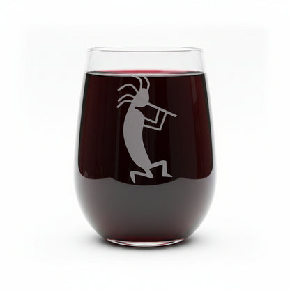 17oz Stemless wine glass filled with red wine with an etched kokopelli design 