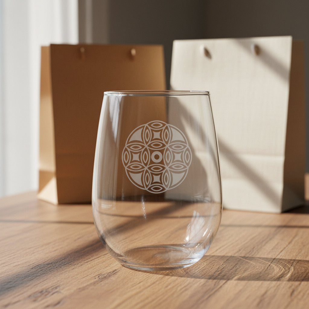 A clear stemless wine glass with a  etched mandala  design on the front, shown standing on a wooden surface against a black background.