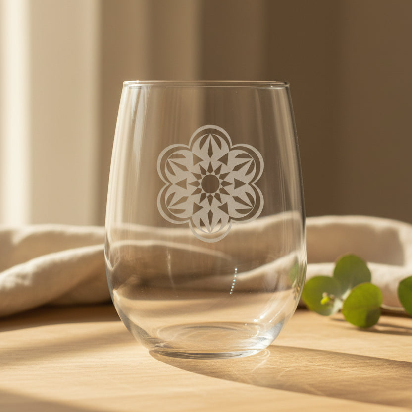 Mandala 17oz Stemless Wine Glass - Deep Sand Etched Artwork