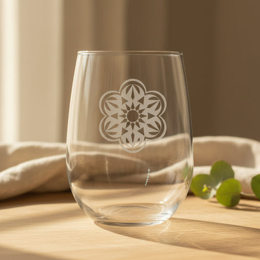 Mandala 17oz Stemless Wine Glass - Deep Sand Etched Artwork