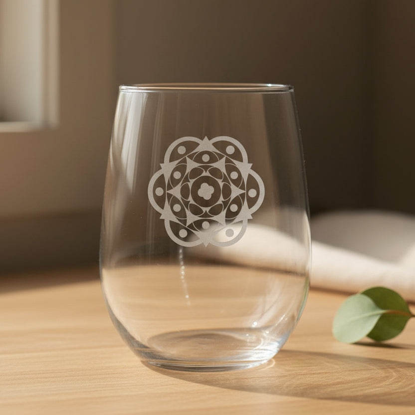 A clear stemless wine glass with a geometric mandala design printed on the front, resting on a wooden surface against a neutral background.