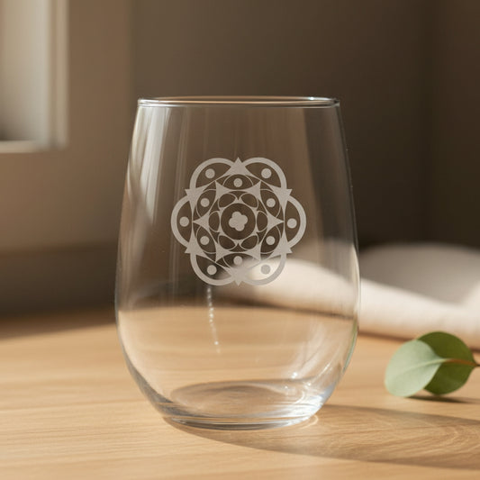 A clear stemless wine glass with a geometric mandala design printed on the front, resting on a wooden surface against a neutral background.