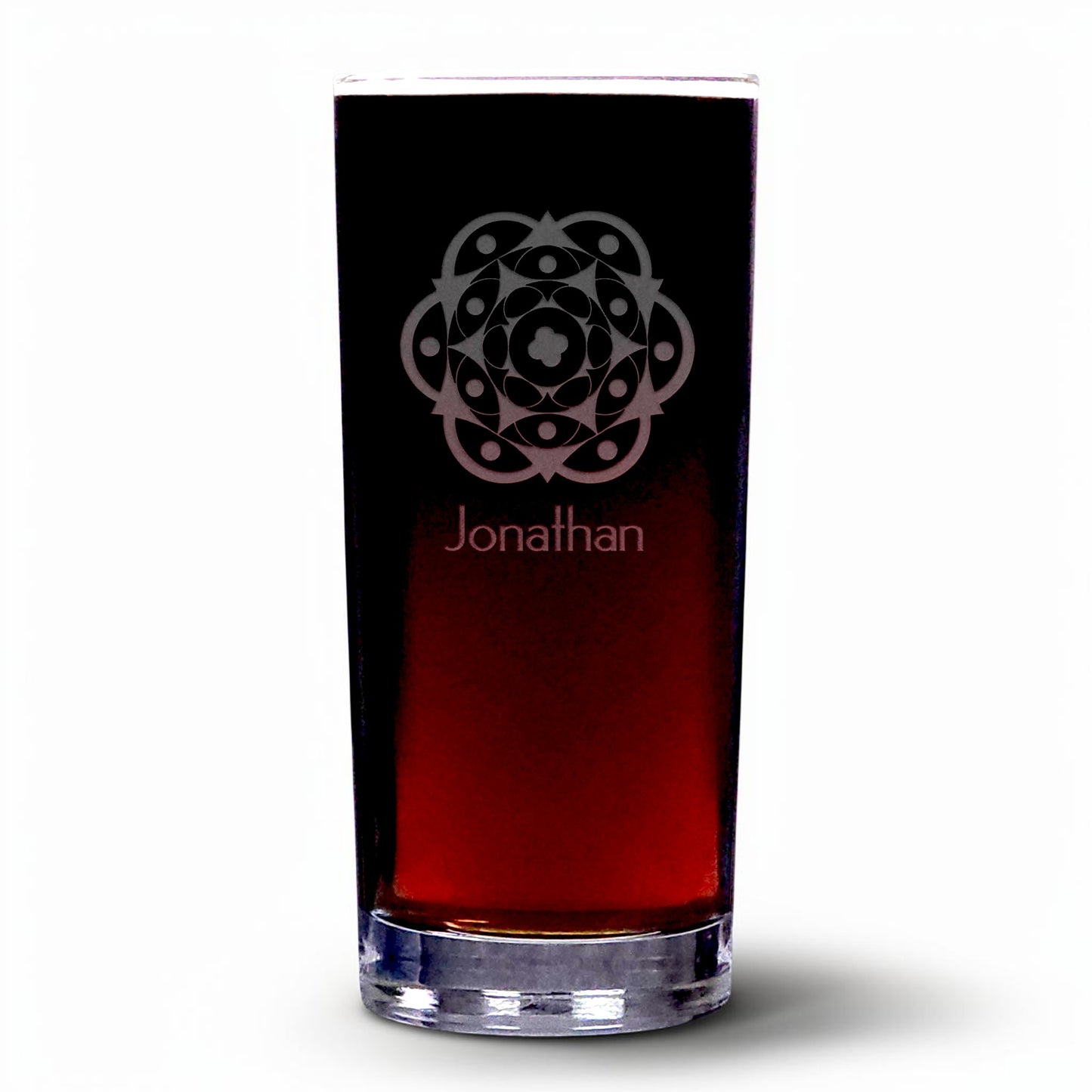 A clear highball glass with a black gradient insert, featuring an etched geometric mandala design and the name 'Jonathan' printed on the front, set against a plain white background.