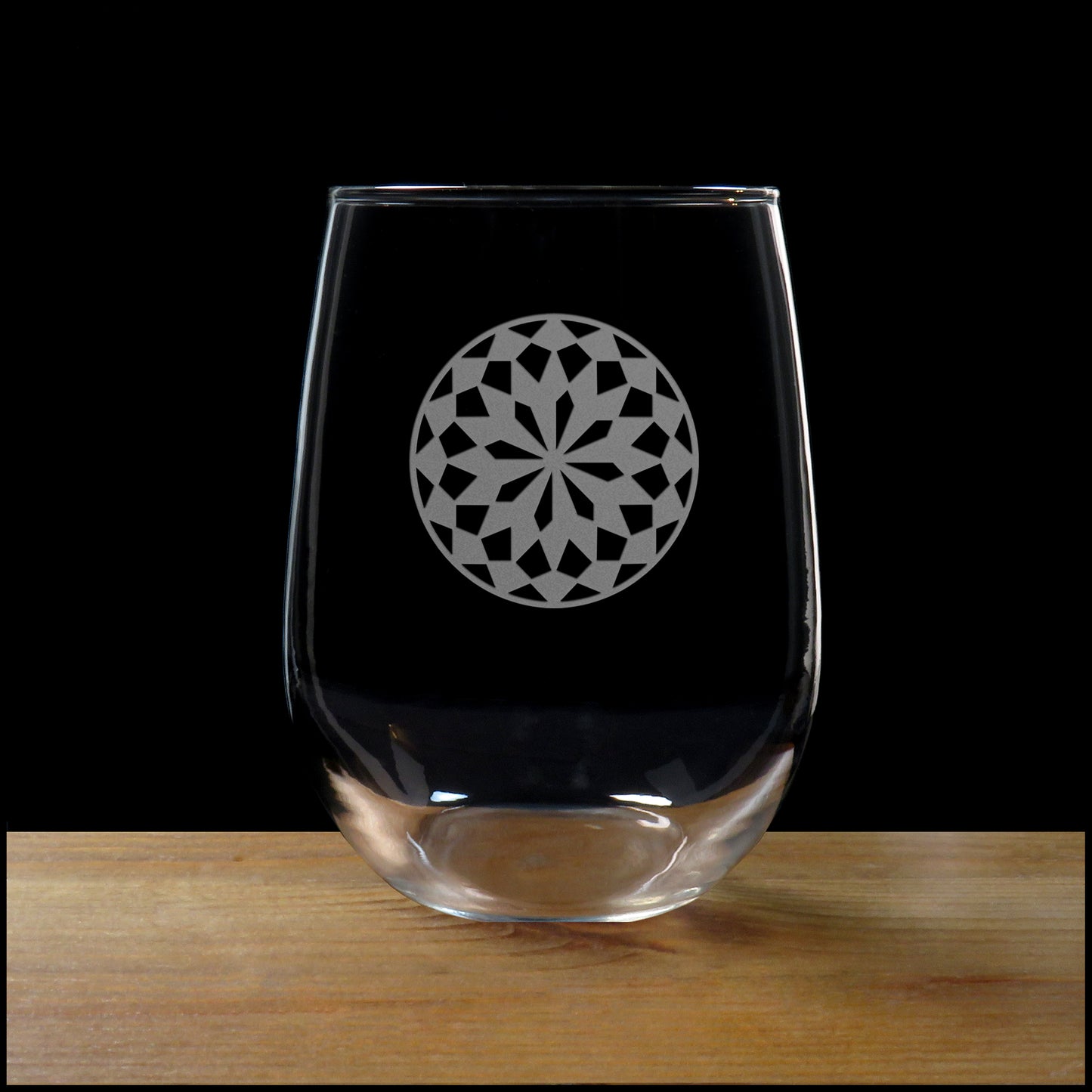 Mandala 17oz Stemless Wine Glass Deep Etched Handmade Glassware