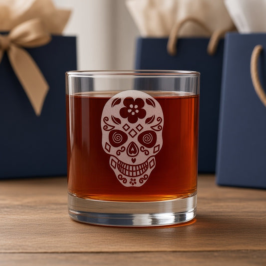 A clear lowball tumbler glass filled with amber liquid, featuring a etched sugar-skull graphic on the front, set on a wooden surface with blurred navy gift bags in the background.