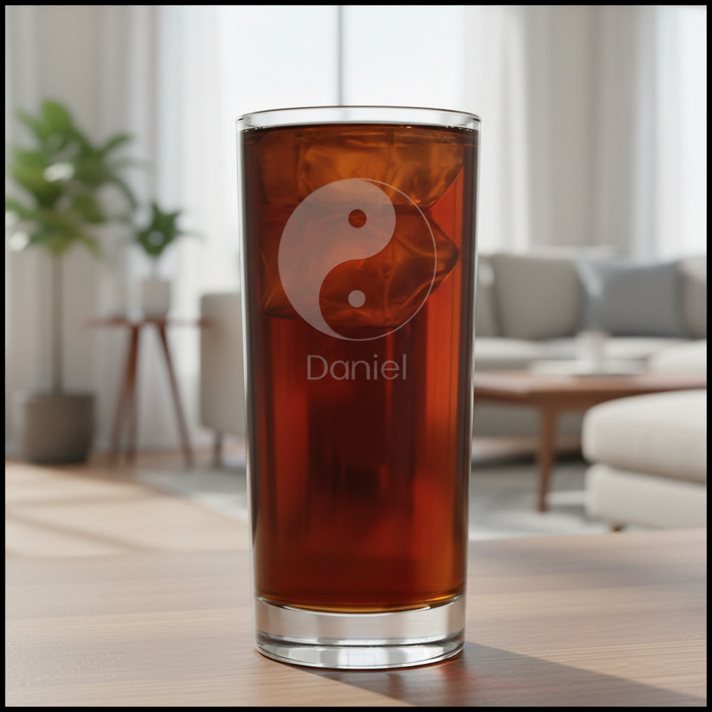 Yin Yang 15oz Cooler Glass - Deep Sand Etched Water Glass - Symbol of Balance
