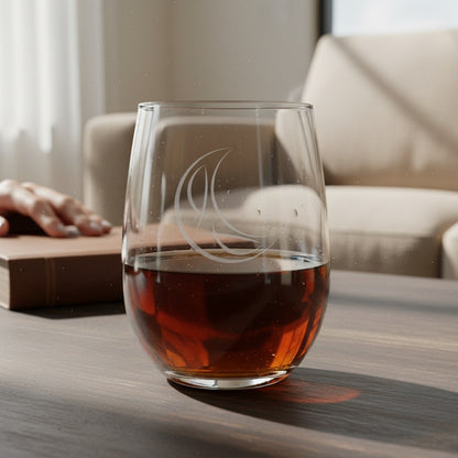 A clear stemless wine glass with an etched crescent moon design, partially filled with an amber-brown liquid, set on a dark wooden table in a softly blurred living room setting.