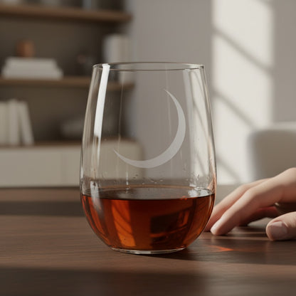 A clear stemless wine glass with a frosted crescent moon design, partially filled with amber-colored liquid, resting on a wooden table in a softly lit indoor setting. A person's hand is visible at the right edge.