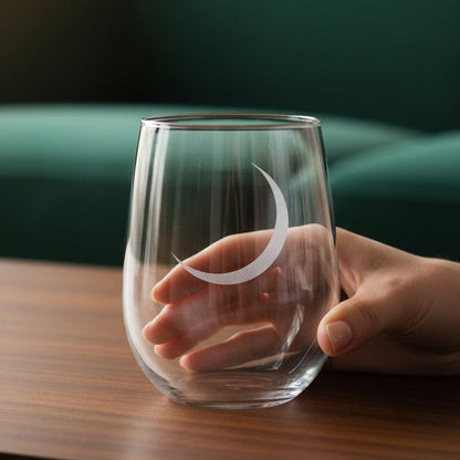 A clear stemless wine glass with a white crescent moon design, held by a hand on a wooden table with a green sofa in the background.