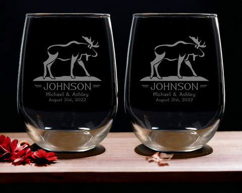 Set of 2 Moose Stemless Wine Glasses - Copyright Hues in Glass