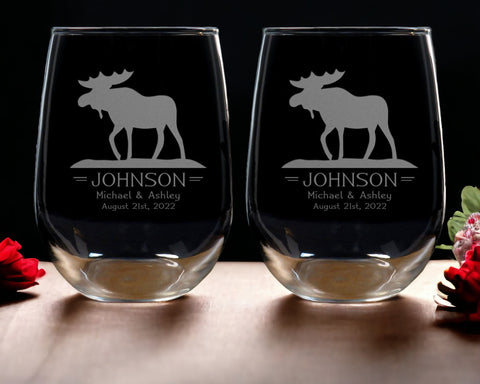 Set of 2 Moose Stemless Wine Glasses - Copyright Hues in Glass