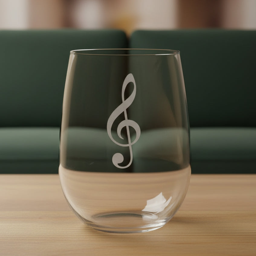 Treble Clef with Heart Tail stemless wine glass with a green couch behind it