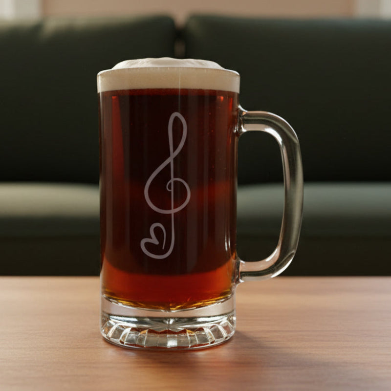 Treble Clef with Heart 16oz Sand Etched Beer Mug - Custom Musician Glass - Music Teacher Appreciation Gift