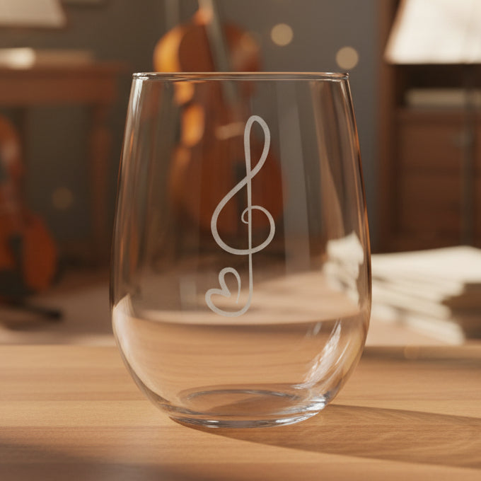 Stemless wine glass with a treble clef with Heart etching on a wooden surface with a music room in the background