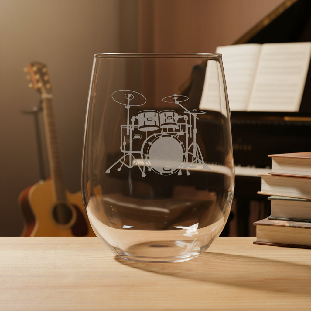 Stemless wine glass with a Drum Set etching on a wooden surface with a music room in the background
