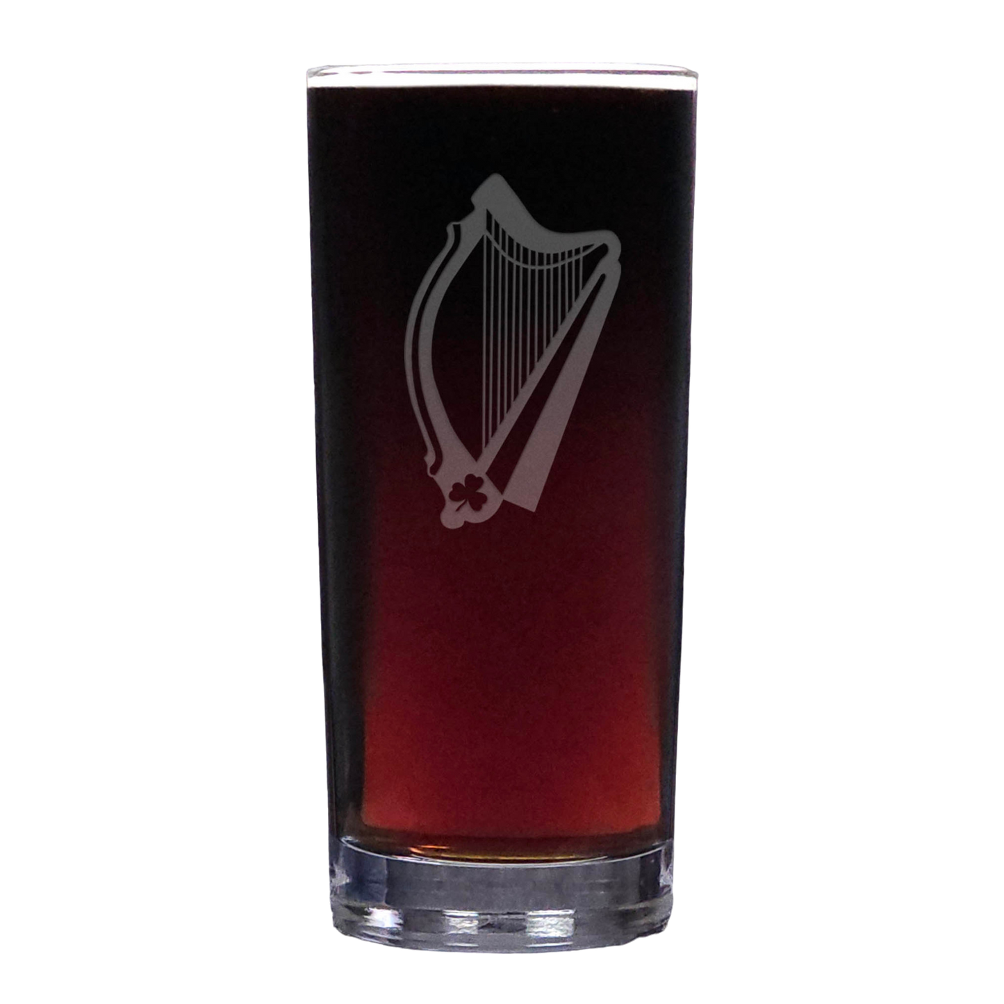 A clear pint glass filled with dark red beer, featuring a white etched harp design on the front, set against a plain white background.