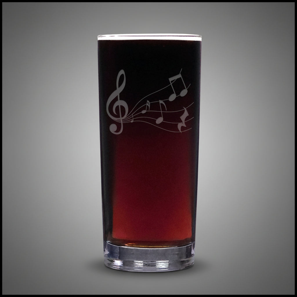 15oz cooler glass with an etched image of a music staff