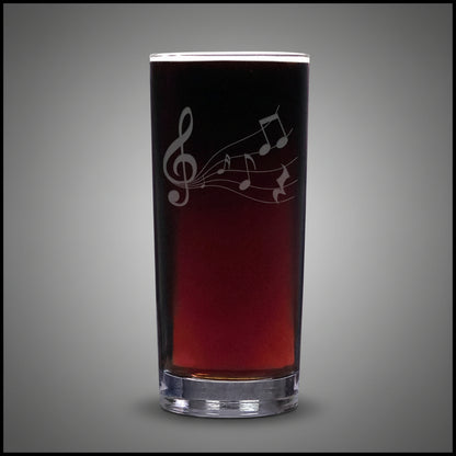 15oz cooler glass with an etched image of a music staff