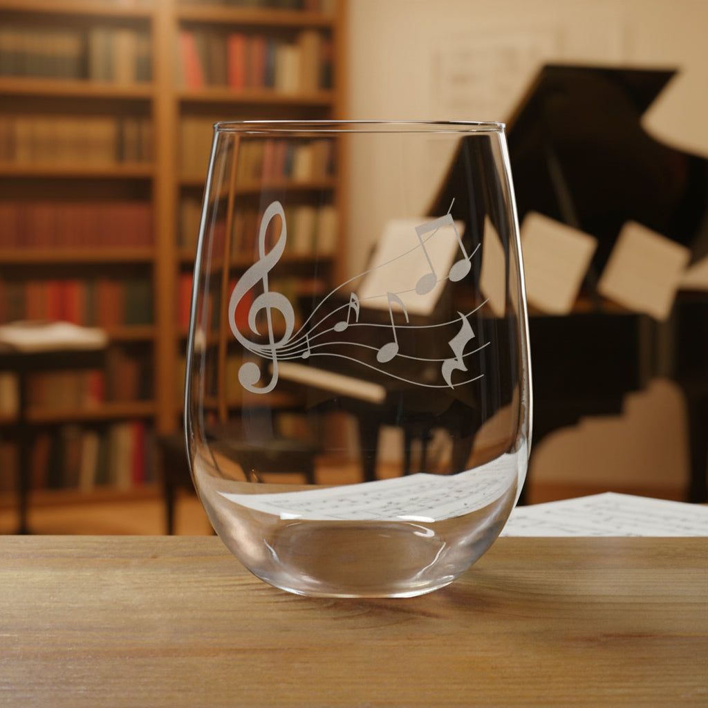 Stemless wine glass with a Music Staff etching on a wooden surface with a music room in the background