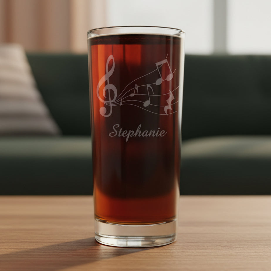 15oz cooler glass with an etched image of a music staff and the name  Stephanie 