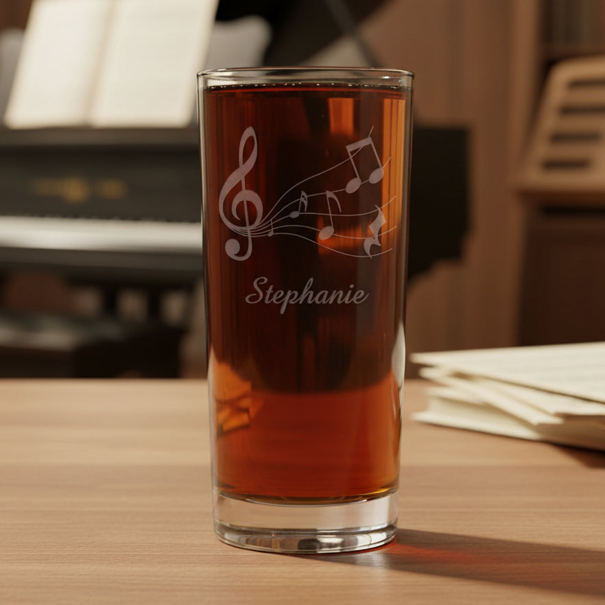 15oz cooler glass with an etched image of a music staff and the name  Stephanie 