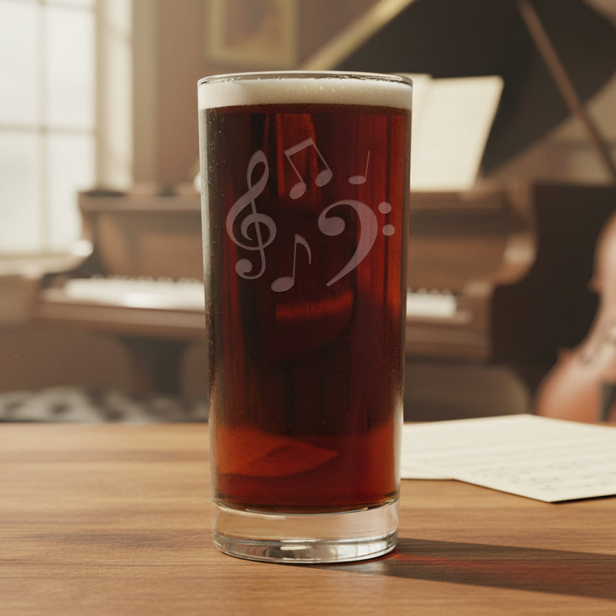 15oz cooler glass with an etched image of randomly placed music notes 