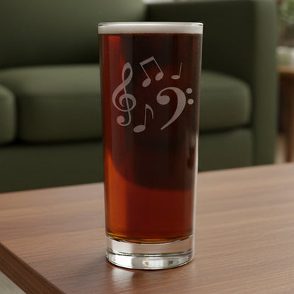 15oz cooler glass with an etched image of randomly placed music notes 