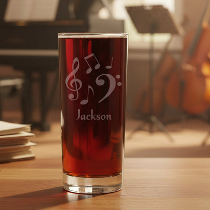 15oz cooler glass with an etched image of randomly placed music notes 