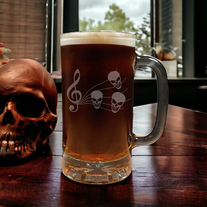 Music Staff Skull 16oz Engraved Beer Mug - Gothic Music Notes Pint Glass -  Music Lover Gift