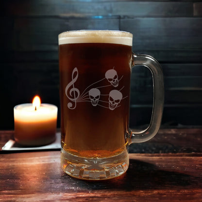 Music Staff Skull 16oz Engraved Beer Mug - Gothic Music Notes Pint Glass -  Music Lover Gift