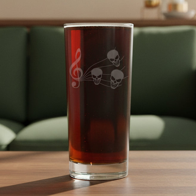 15oz cooler glass with an etched image of a music staff with a skull music notes 
