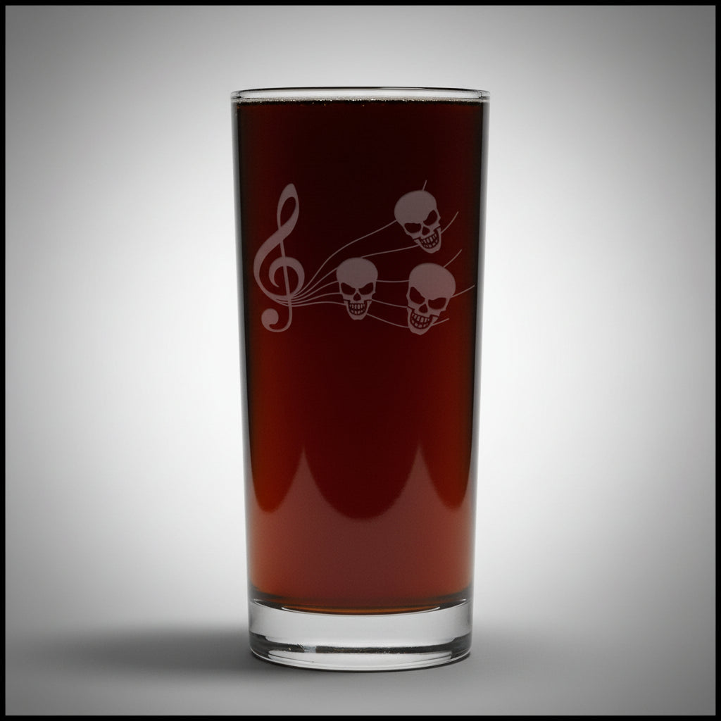 15oz cooler glass with an etched image of a music staff with skulls as music notes