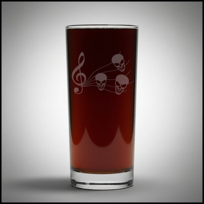 15oz cooler glass with an etched image of a music staff with skulls as music notes