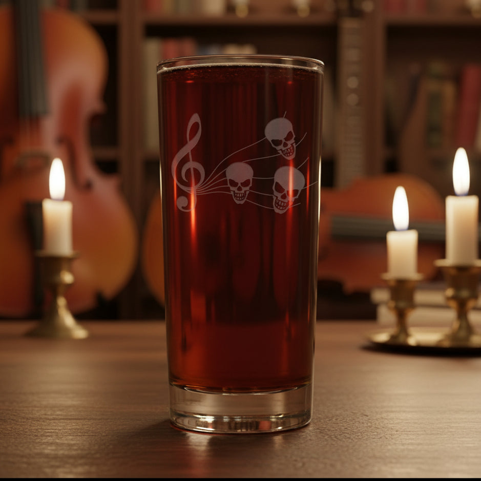 15oz cooler glass with an etched image of a music staff with a skull music notes and a music room in the background