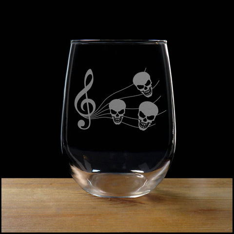 Stemless Wine Glass with the image of a Music Staff with Skulls as the Notes - Copyright Hues in Glass