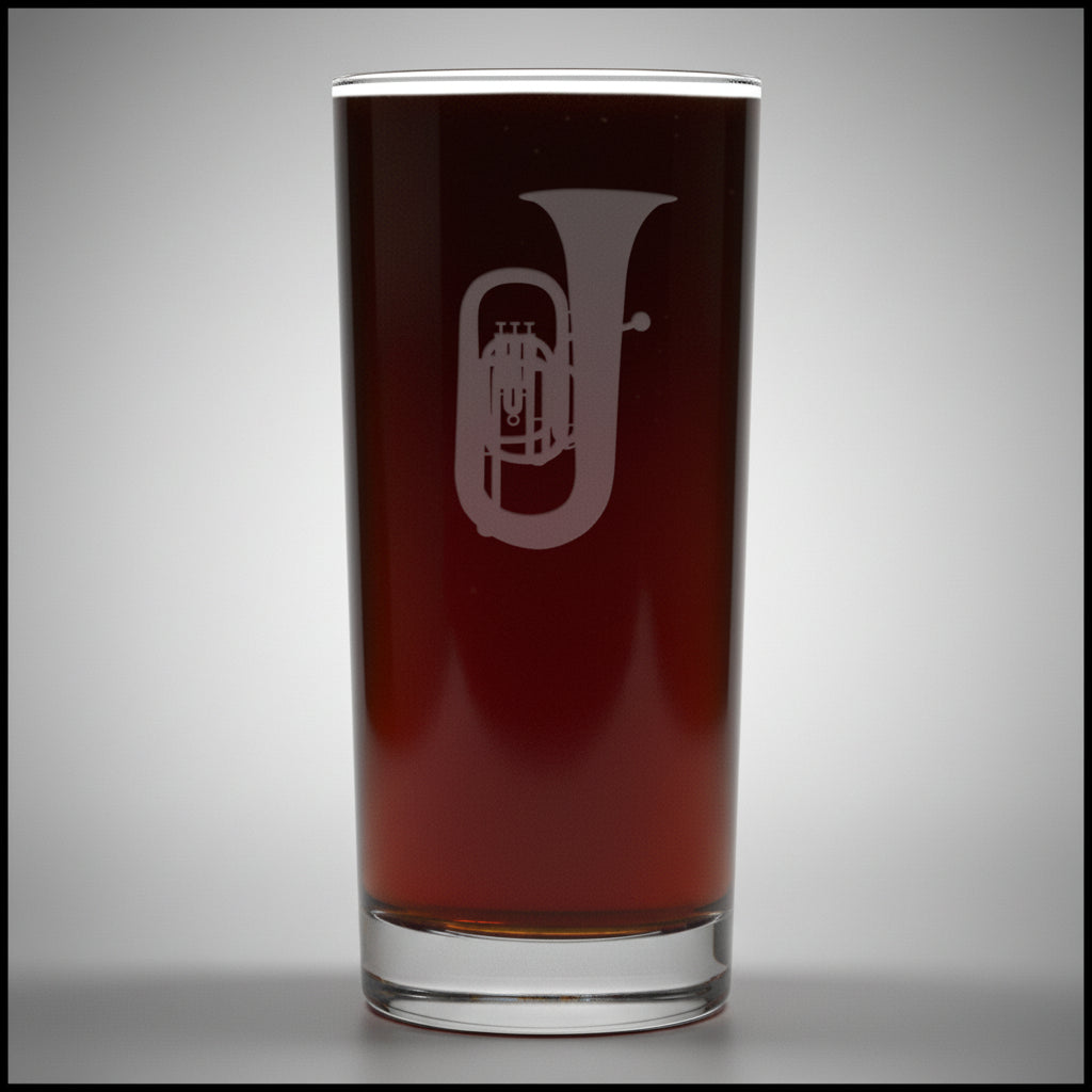 Cooler glass with a sand etched image of a tuba - with a light grey background 