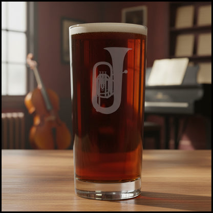 Cooler glass with a sand etched image of a tuba - with a music room in the background