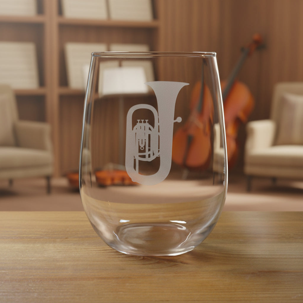 Stemless wine glass with a Tuba etching on a wooden surface with a music room in the background