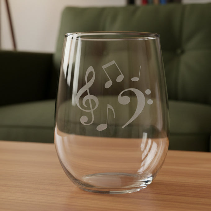 Music Notes stemless wine glass with a green couch behind it