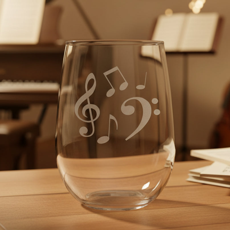 Stemless wine glass with a Music Notes etching on a wooden surface with a music room in the background