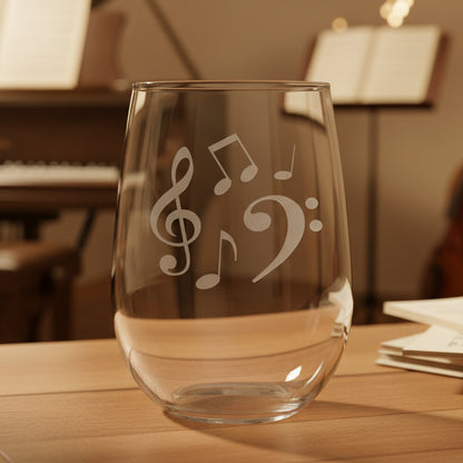 Stemless wine glass with a Music Notes etching on a wooden surface with a music room in the background