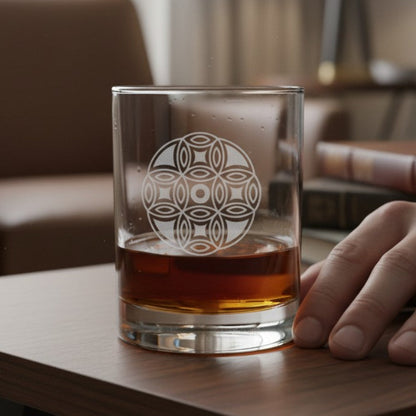 A clear lowball-style tumbler glass with an etched geometric circular pattern, partially filled with amber liquid, sitting on a wooden table in a softly lit indoor setting. A person's hand rests beside the glass.