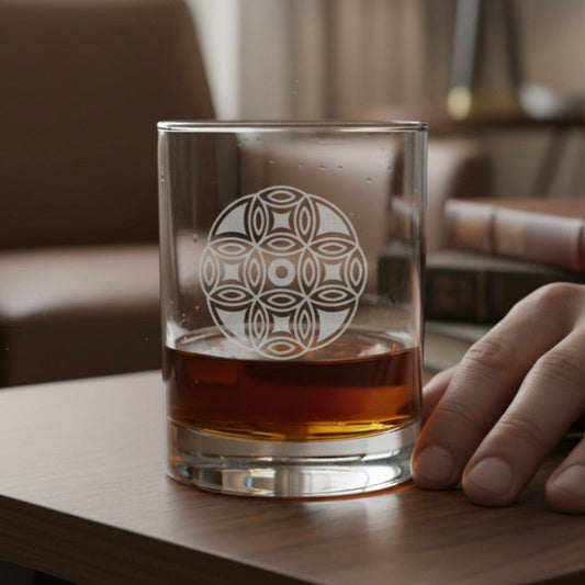 A clear lowball-style tumbler glass with an etched geometric circular pattern, partially filled with amber liquid, sitting on a wooden table in a softly lit indoor setting. A person's hand rests beside the glass.